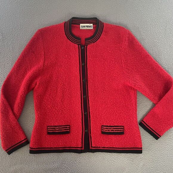 Vintage San Remo Cardigan Sweater Red‎ Black Size Medium Acrylic Blend - Picture 1 of 6